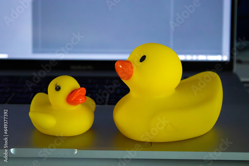 Billede på lærred yellow rubber ducky on the laptop, rubber duck debugging