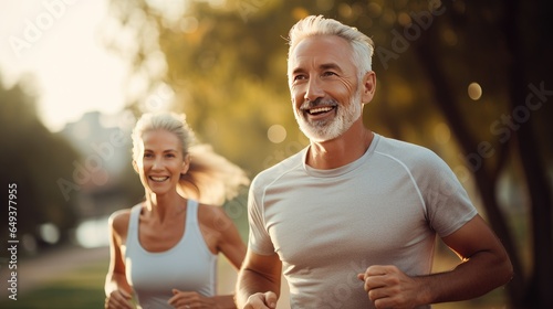 Senior couple going for a run and living a healthy lifestyle for longevity. Concept of healthy living of older people photo