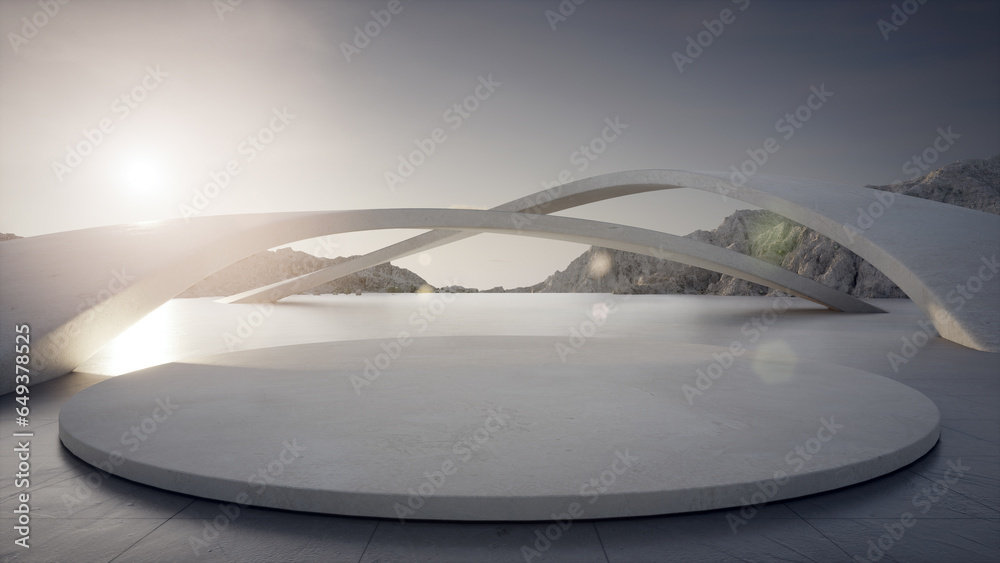 Abstract architecture design 3D rendering of ancient structure. Empty parking area concrete floor with mountain and sky view.