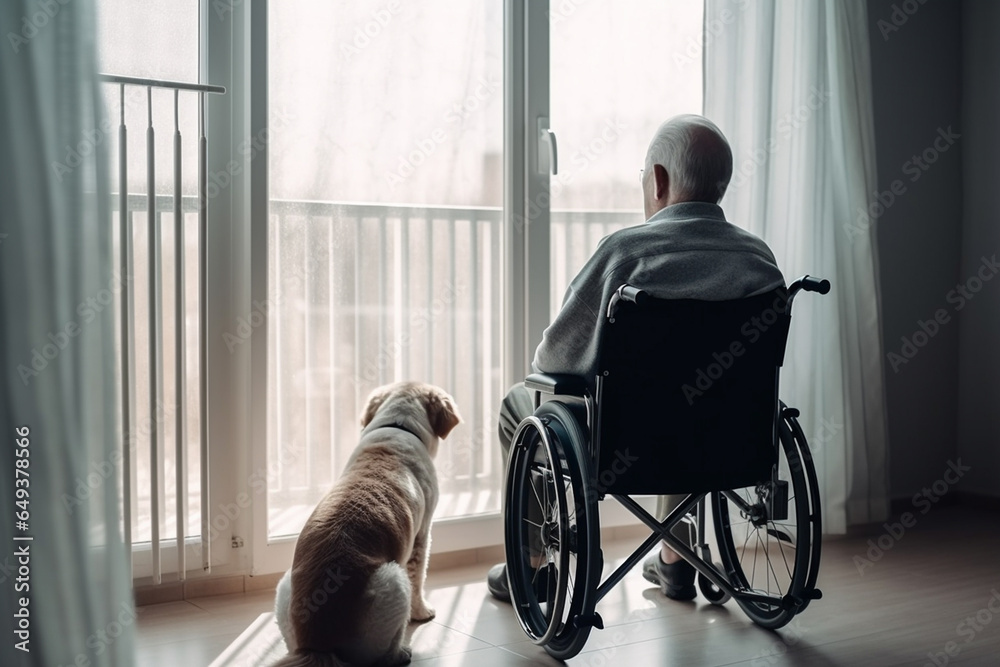 Lonely elderly senior person in wheelchair in nursing home, sitting by the window with his dog. Lonely elderly senior person in wheelchair in nursing home, sitting by the window with his dog.