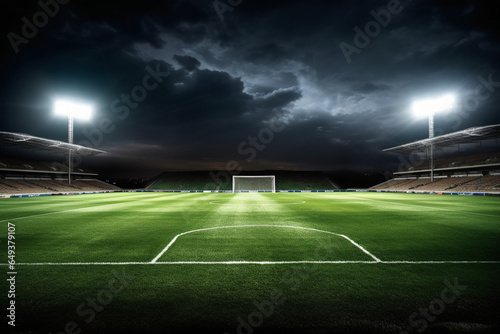 Soccer stadium with green grass and illumination at night