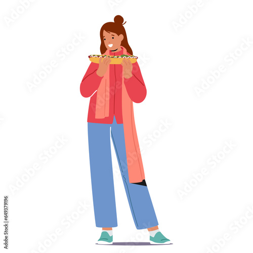 Woman Indulges In A Street Food Delight, Savoring A Hotdog With Relish Isolated On White Background, Vector Illustration