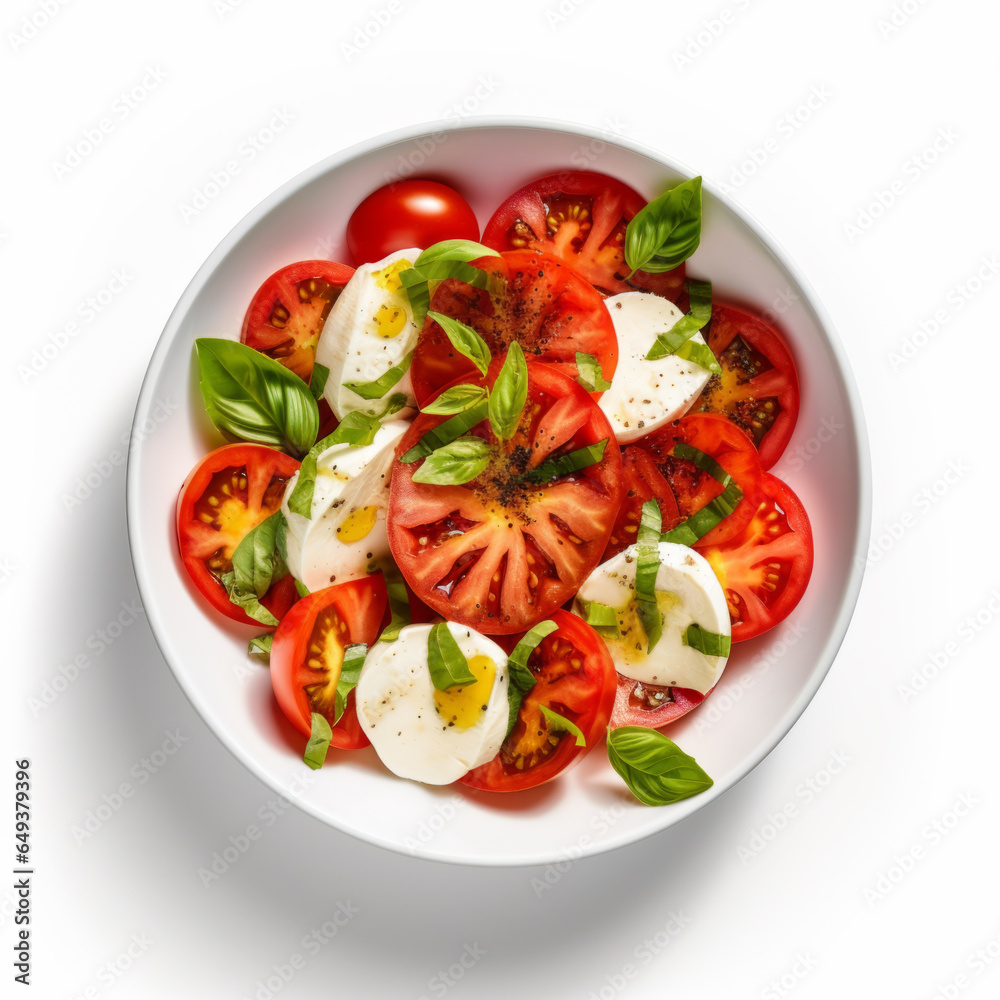 Italian caprese salad with sliced tomatoes, mozzarella, basil, olive oil on a white background.