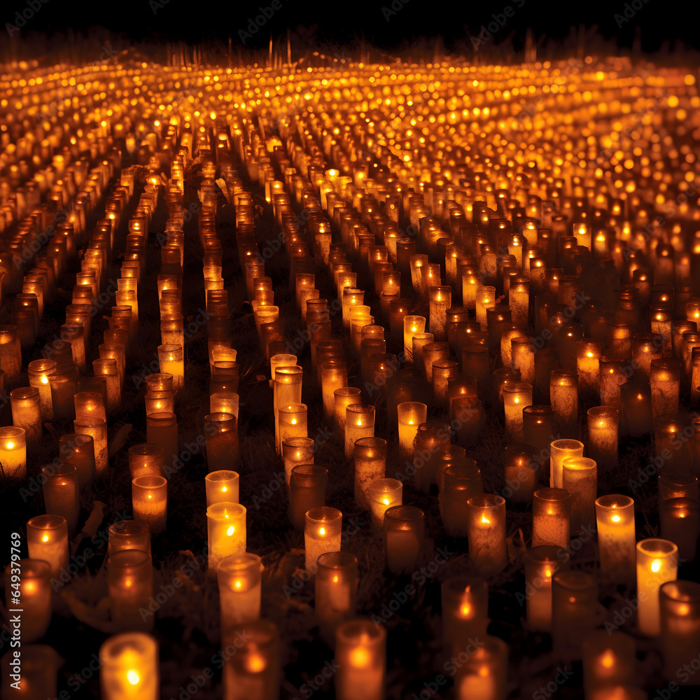 Candlelit Graves: Rows of graves adorned with flickering candles