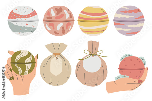 Set Bath Bomb in hand drawn style. Handmade Spa Soap Cosmetic Collection vector illustration