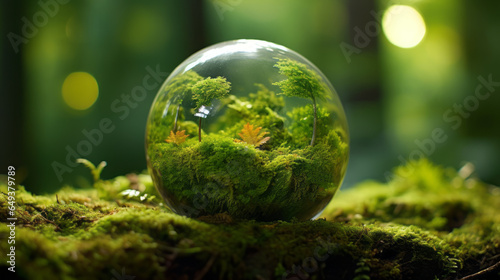 Environment. Glass Globe On Grass Moss In Forest - Green Planet With Abstract Defocused Bokeh Lights - Environmental Conservation Concept. AI generated