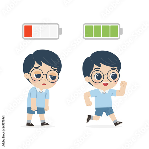 Active and tired kid. Happy and unhappy kid. Energetic and tired or exhausted boy and life energy.