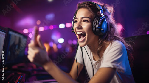 Joyful girl gamer smiles while playing a game on the computer