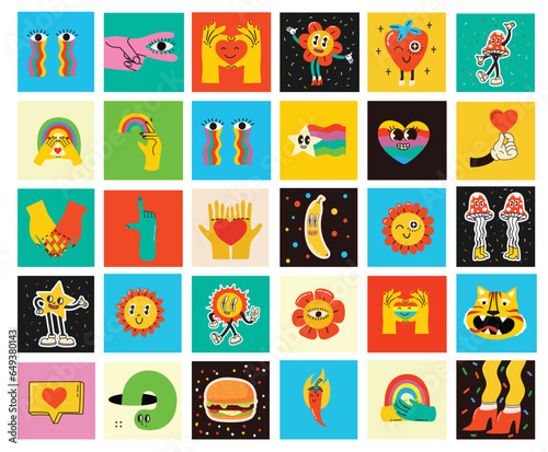 70's groovy square posters, cards or stickers. Retro print with hippie cute colorful funky character concepts of crazy geometric, dripping emoticon. Only good vibes sentence