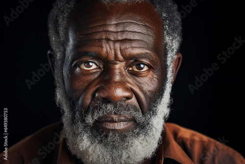 Generative AI close up portrait of old sad unhappy afro man looking straight into the camera