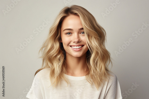 Modern Illustration generative AI collage charming blonde woman smiling white teeth isolated pastel beige color wall background © deagreez