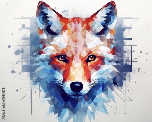 Red Geometric Fox Design with Abstract Grunge Decoration on White Background for Holiday Flag or Decoration in Blue Hues © AIGen