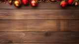Traditional Christmas decorations in golden and red colors on a rustic wooden background. Copy space is available. Design for a postcard, invitation, napkins. Christmas theme.