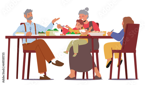 Grandparents And Kids Characters Gather Around A Festive Table, Sharing Gratitude, Laughter, And Meals On Thanksgiving