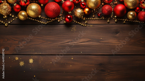 Traditional Christmas decorations in golden and red colors on a rustic wooden background. Copy space is available. Design for a postcard, invitation, napkins. Christmas theme.