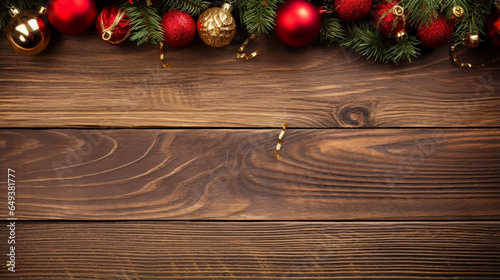 Traditional Christmas decorations in golden and red colors on a rustic wooden background. Copy space is available. Design for a postcard  invitation  napkins. Christmas theme.