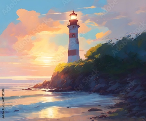 Beautiful digital illustration of lighthouse on the Brazilian coast and a beautiful sunset. Digital art of sunrise on amazing beach vacation. Drawing on the beaches of Brazil.