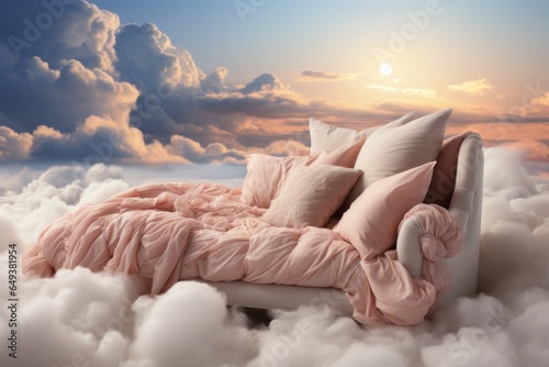 Comfortable bed on clouds. Paradise or heaven.