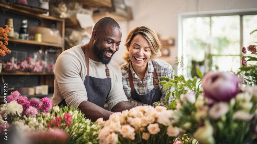 Portrait of happy couple working in flower shop