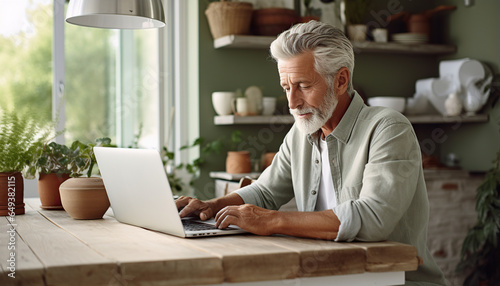 Un hombre mayor de negocios con gafas trabaja en una computadora portátil desde la oficina en casa.
Freelance de edad avanzada se sienta en la mesa de la sala de estar. Ia generado. photo