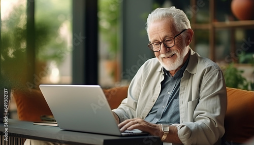 Un hombre mayor de negocios con gafas trabaja en una computadora portátil desde la oficina en casa.
Freelance de edad avanzada se sienta en la mesa de la sala de estar. Ia generado. photo