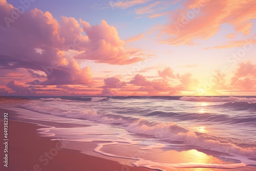 Serene Beach Sunset with Warm Tones and Gentle Waves, Crafted by Generative AI