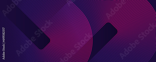 Dark abstract background with glowing geometric lines. Modern pink purple gradient lines. Shiny diagonal rounded rectangle pattern. Minimal geometric element. Futuristic concept. Vector illustration