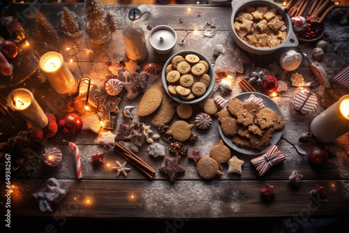 Wooden table with freshly made Christmas sweets. View from above. Generative AI