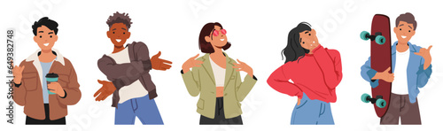 Teenager Boys and Girls Characters Posing, Expressing Emotions And Style Through Various Stances, Gestures