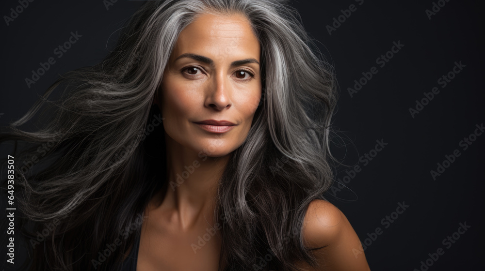 Portrait of senior mature middle aged lady with long gray natural coloring vibrant silky hair. Portrait of senior mature middle aged lady with long gray natural coloring vibrant silky hair.