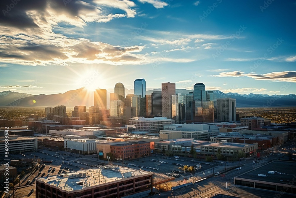 Aerial view of downtown Denver, Colorado skyline. Generative AI - obrazy, fototapety, plakaty 