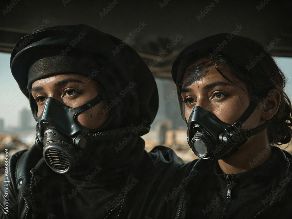 person in gas mask with dark city background, apocalypse person in gas mask with dark city background, apocalypse
