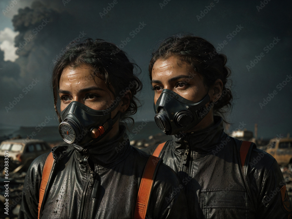 person in gas mask with dark city background, apocalypse