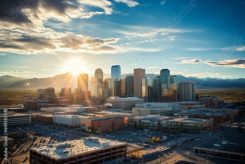 Aerial view of downtown Denver, Colorado skyline. Generative AI