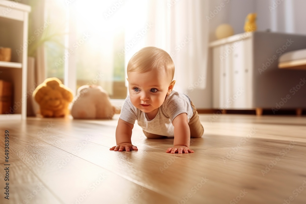 Adorable and delicate 6-month-old baby crawls curiously on the floor of his house. - obrazy, fototapety, plakaty 