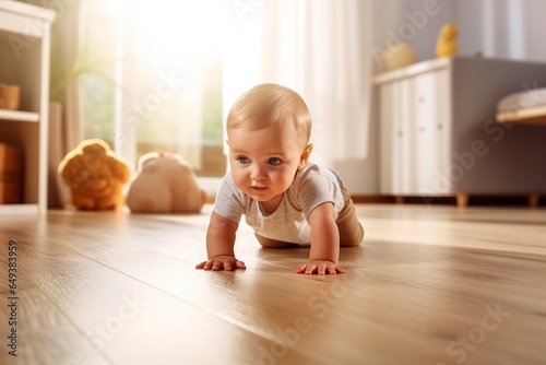 Adorable and delicate 6-month-old baby crawls curiously on the floor of his house.