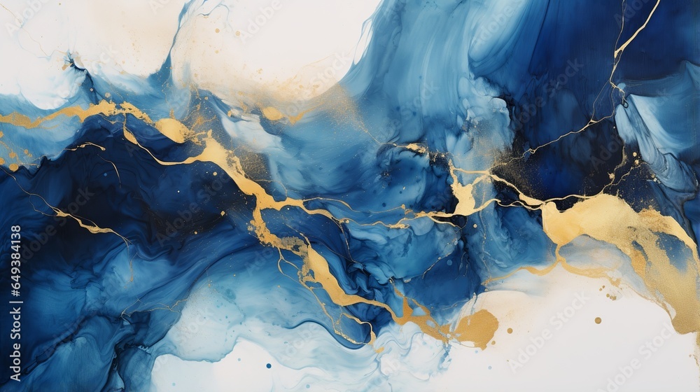 Luxurious marbled ink painting texture in gold and navy blue. It depicts dark blue and gold waves with splashes of gold paint. - obrazy, fototapety, plakaty 