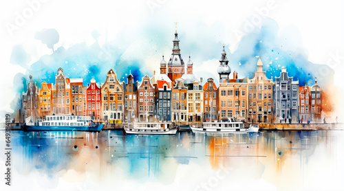 Watercolor cityscape of the city of Amsterdam  capital of the Netherlands  Europe   on the banks of the Amstel river