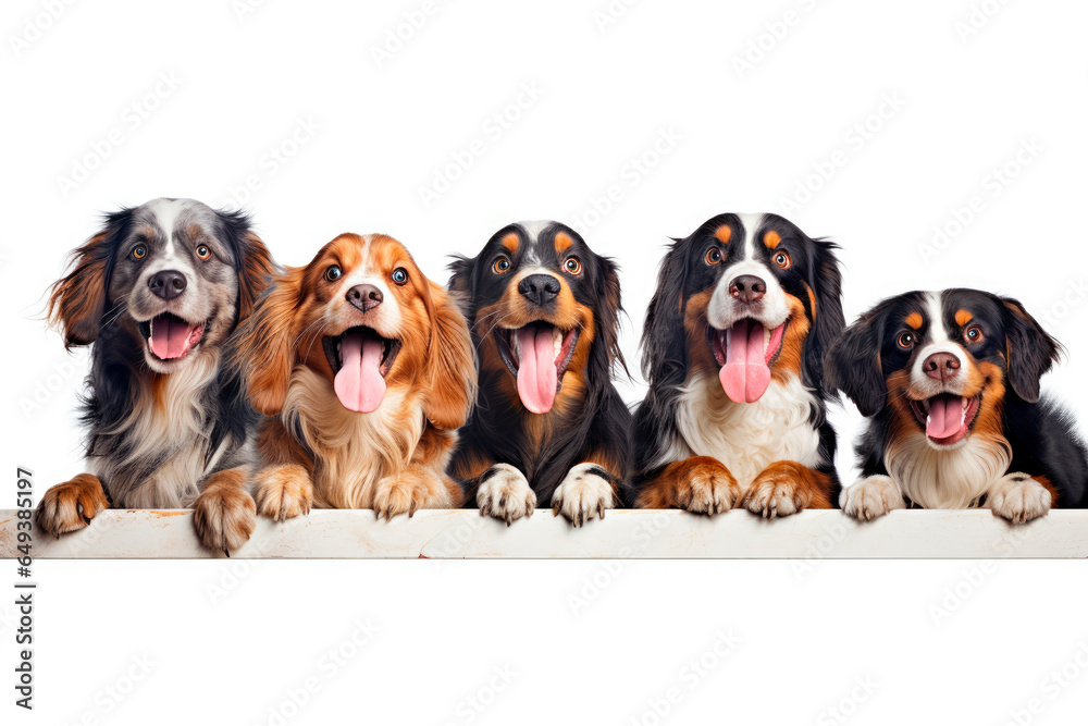 Banner of hungry dogs with tongue out waiting to eat food. Isolated on white background with copy space