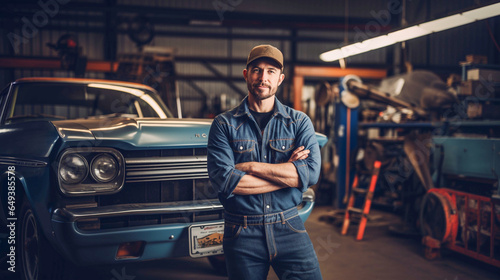 Male auto mechanic.Stand with your arms crossed and show confidence in your work.