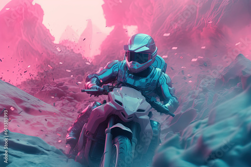 Futuristic post-apocalypse action scene with hero in sci-fi style. Vaporwave surreal shot with pink and blue smoke. photo
