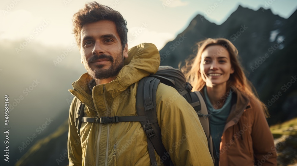 a candid closeup photo of a romantic couple hiking together in the mountains in the vacation trip week. walking in the beautiful european nature. fields and hills with grass at sunset. Generative AI