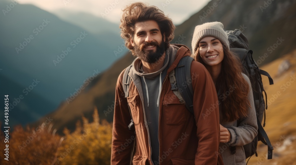 a candid closeup photo of a romantic couple hiking together in the mountains in the vacation trip week. walking in the beautiful american nature. fields and hills with grass at sunset. Generative AI