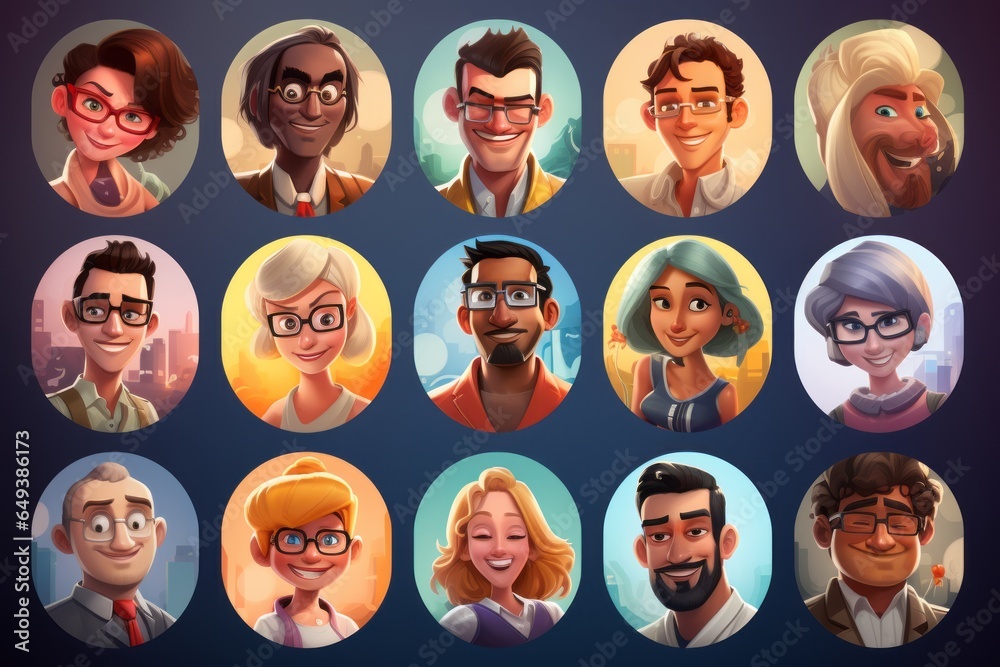 a set collection of cartoonish minimalistic simple design drawn people illustration profile picture avatars in circles for a game application. Generative AI - obrazy, fototapety, plakaty 
