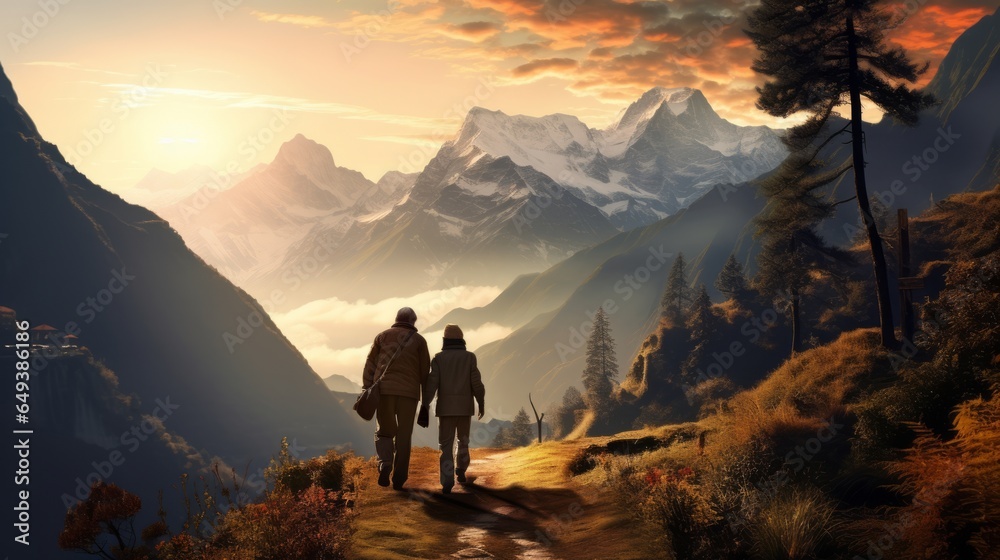 a candid photo of  old romantic family couple hiking together in the mountains in the vacation trip week. walking in the beautiful american nature. fields and hills with grass at sunset. Generative AI