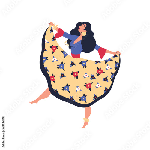 Roma gypsy girl dancing in a fluffy long dress, Romany Performance flamenco folk, vector gypsies traditions and culture