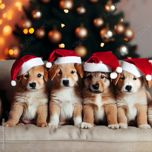 Puppies with christmas hats sitting on a sofa and looking into the camera. AI generated. © Vid