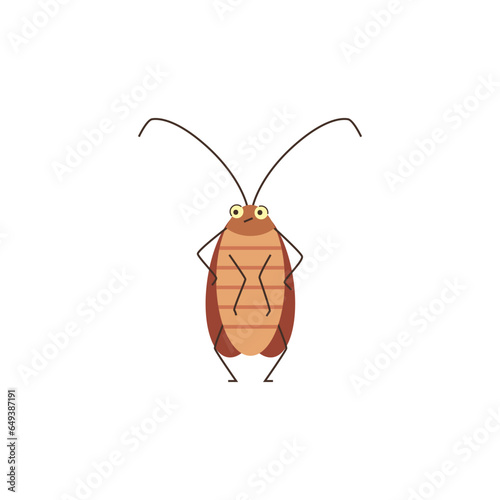 Cockroach insect stands and looks nervous, funny brown bug with antennae, vector cartoon bad pest parasite illustration