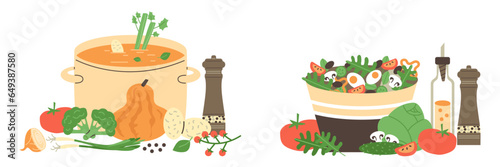 Soup pot with vegetables pumpkin, salad with tomatoes cucumbers, mushroom, vegetarian menu vector flat illustrations set