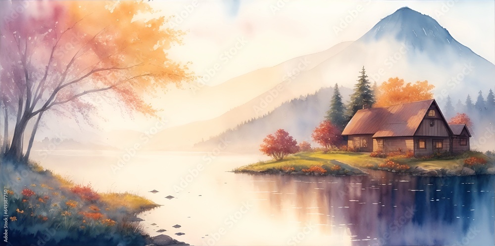 Highland lake. Fall landscape. Watercolor style. AI generated illustration